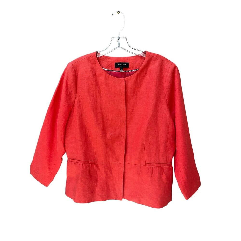Talbots Linen Collarless Blazer Peplum Size 16P Orange Invisible Closure Petite